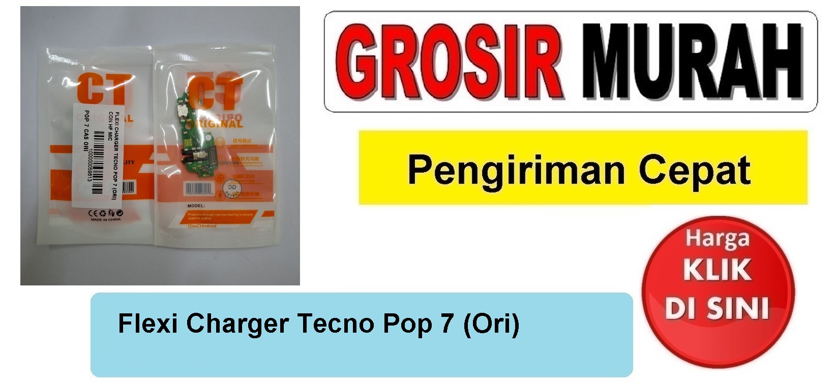 Flexi Charger Tecno Pop 7 (Ori) Con Hf Mic Fleksibel Flexible Fleksi Flexibel Flex Con Tc Connector Pcb Konektor cas papan board charging