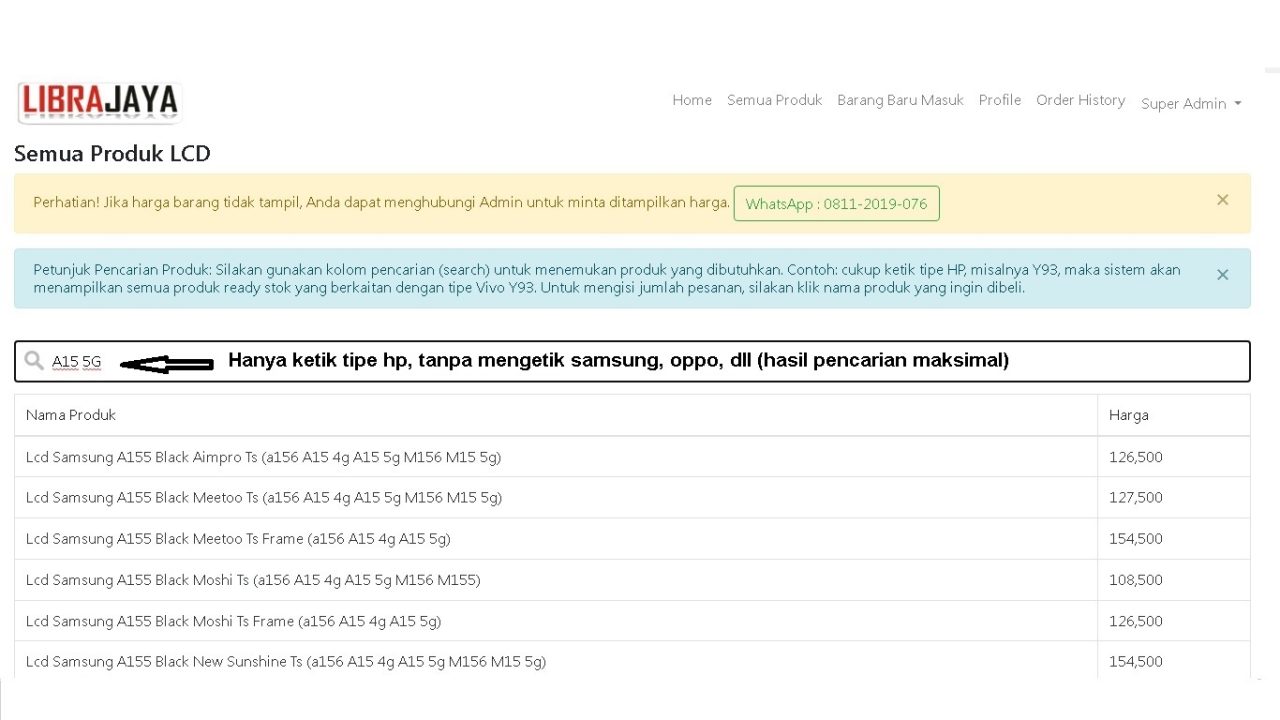 ara mencari produk dengan mengetik tipe HP di Librajaya