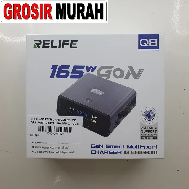 Adaptor Charger Relife Q8 5 Port Digital GaN PD 3.1 QC 5.0 165W Fast Charging