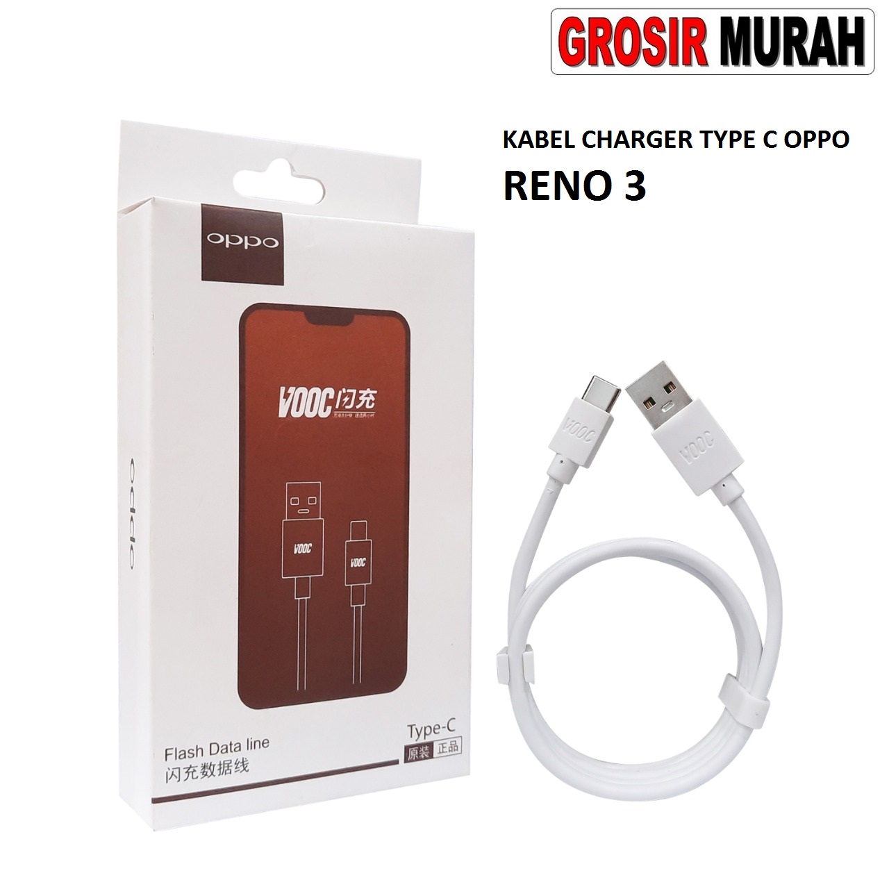 KABEL CHARGER OPPO RENO 3 TYPE C VOOC Data Cable Charge Fast Charging Usb Type C Super Vooc Spare Part Grosir Sparepart hp