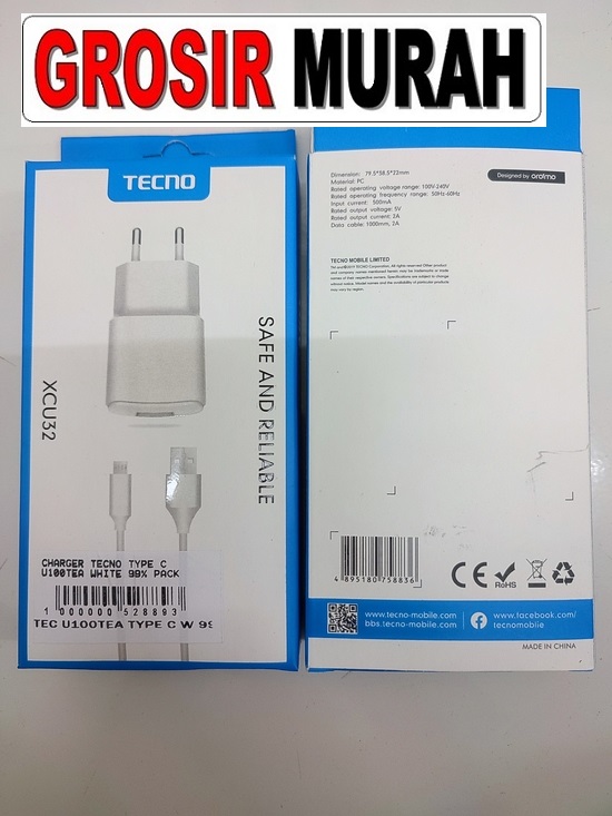 Tecno U100TEA Type C Adaptor Charge Fast Charging Casan |  Toko Grosir Sparepart Hp Jakarta