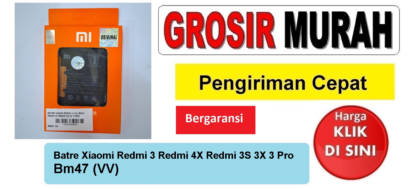 Batre Xiaomi Redmi 3 Redmi 4X Redmi 3S 3X 3 Pro Bm47 (VV) Baterai Battery Bergaransi Batere