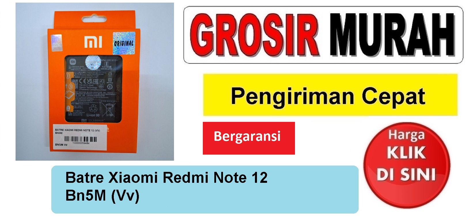 Batre Xiaomi Redmi Note 12 Bn5M (Vv) Baterai Battery Bergaransi Batere