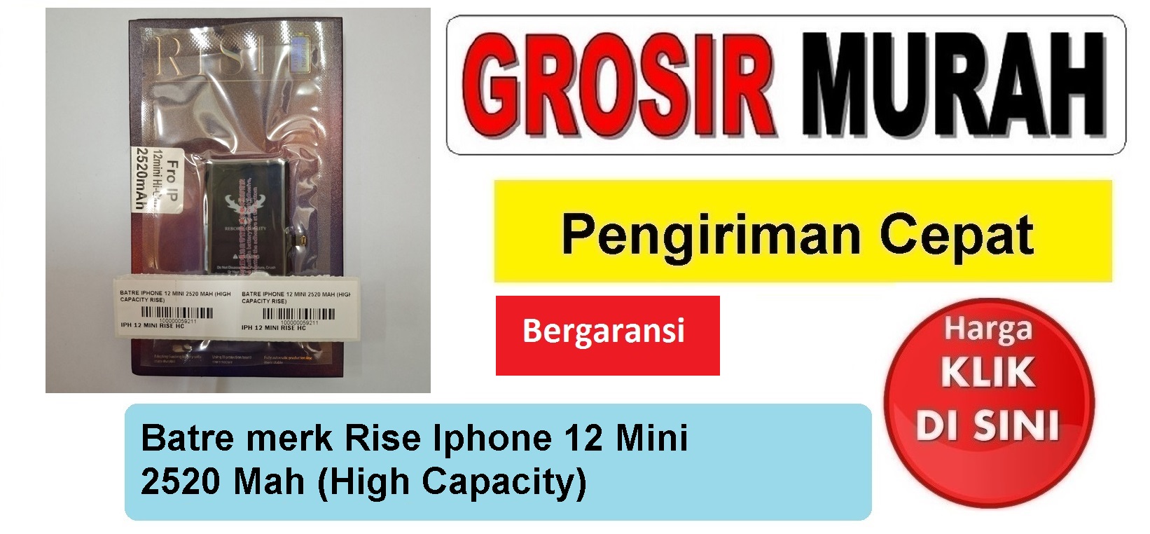 Batre merk Rise Iphone 12 Mini 2520 Mah (High Capacity) Baterai Battery Bergaransi Batere