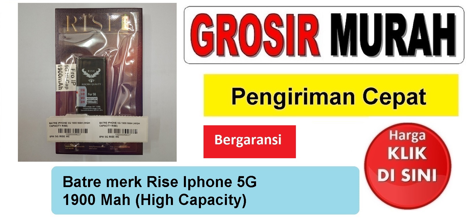 Batre merk Rise Iphone 5G 1900 Mah (High Capacity) Baterai Battery Bergaransi Batere