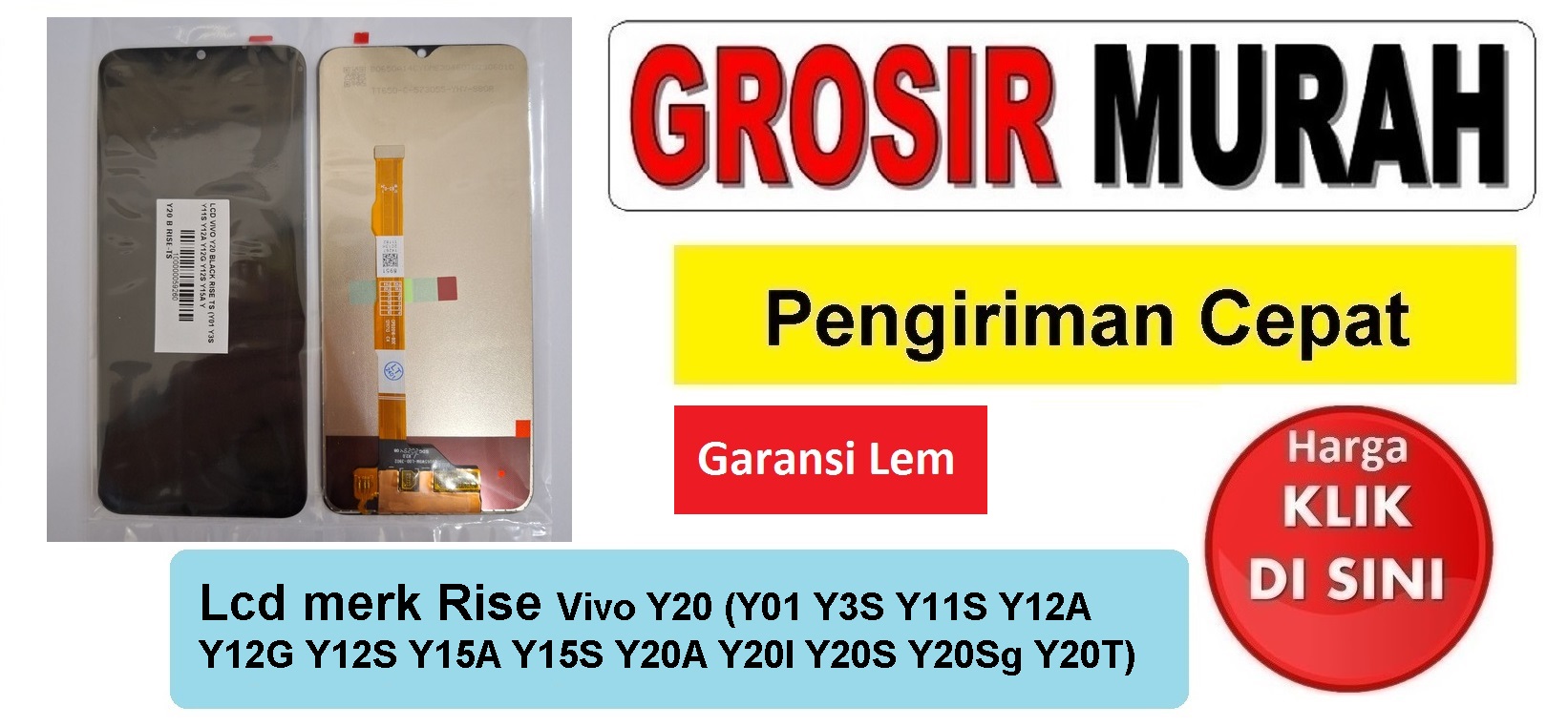 Lcd merk Rise Vivo Y20 (Y01 Y3S Y11S Y12A Y12G Y12S Y15A Y15S Y20A Y20I Y20S Y20Sg Y20T) Fullset Touchscreen Garansi lem Termurah