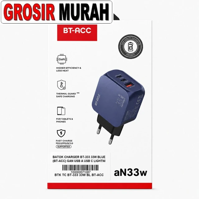 Batok Charger Bt-333 33w Blue (bt-acc) Gan Usb A Usb C Lightning
