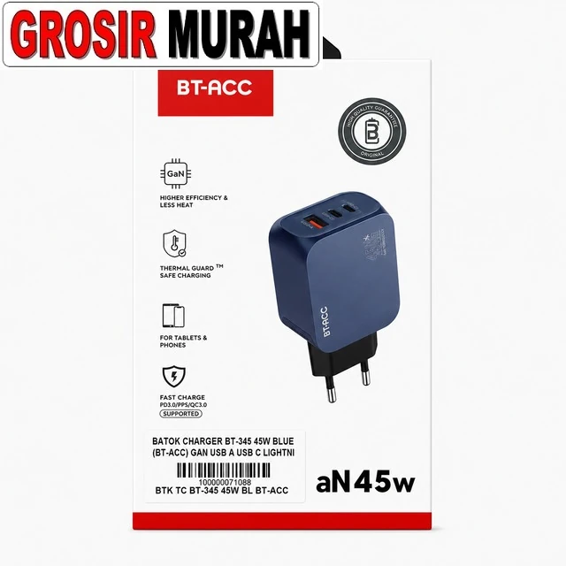 Batok Charger Bt-345 45w Blue (bt-acc) Gan Usb A Usb C Lightning