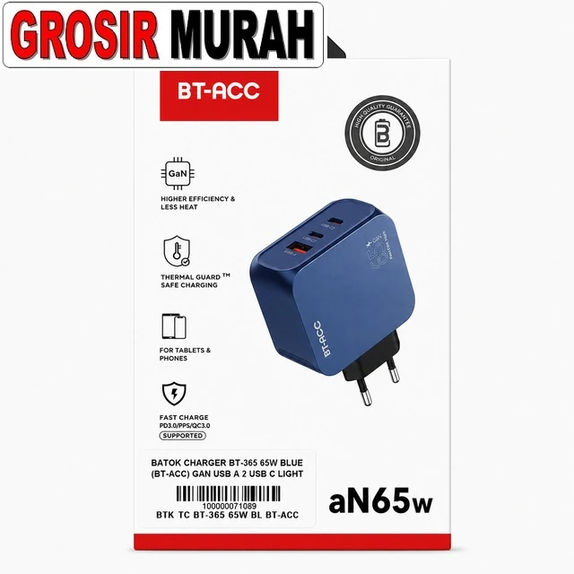 Batok Charger Bt-365 65w Blue (bt-acc) Gan Usb A 2 Usb C Lightning