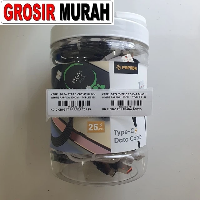 Kabel Data Type C Cb034t Black White Papada 100cm 1 Toples Isi 25 Pcs ready stock harga grosir sparepart HP Libra Jaya
