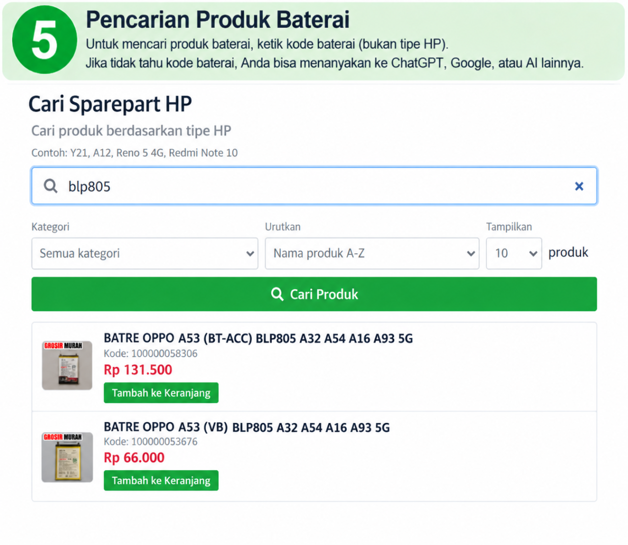 Cara mencari baterai HP berdasarkan kode baterai di Librajaya