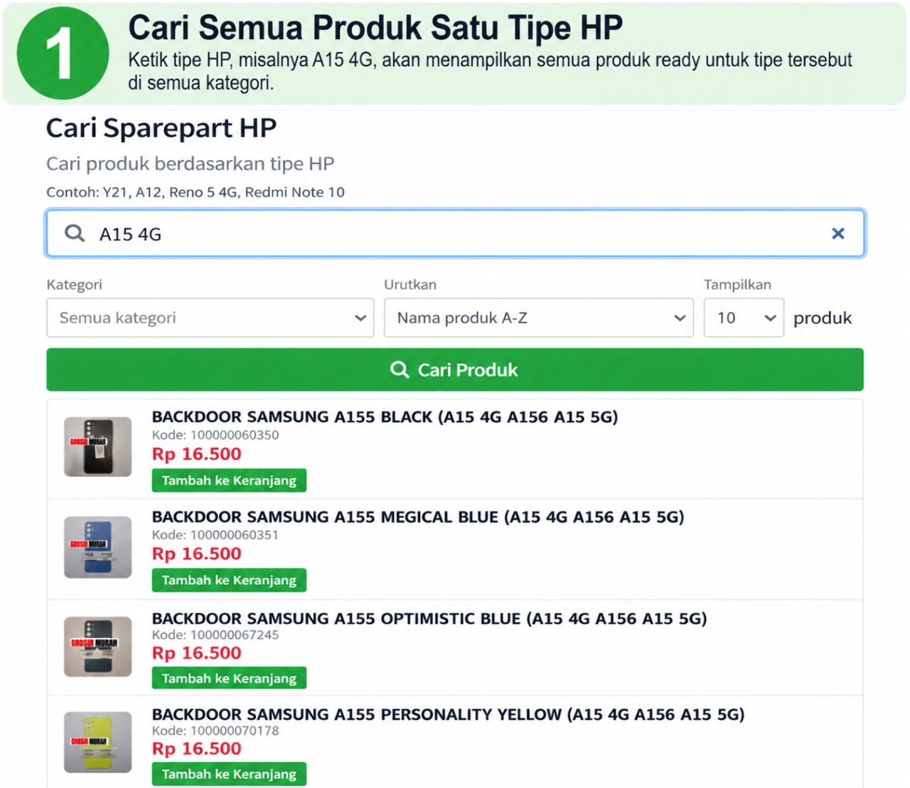 Step 1 Cari Sparepart HP Berdasarkan Tipe HP di Librajaya