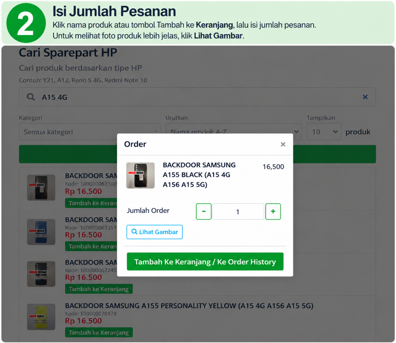 Step 2 Pilih Produk dan Isi Jumlah Pesanan Sparepart HP Librajaya